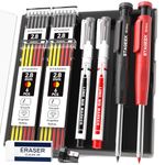 STAGEEK 2PCS Carpenter Pencils with Sharpener, Heavy Duty Woodworking Tools, Mechanical Pencil Set with 26 Refills, Deep Hole Long Nib Marker Pens for Architect Marking with Case (Black, Red)