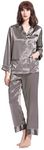 LilySilk Women's Long Silk Pajamas Set V Neck Notched Collar with Trimmed Dark Gray Size S