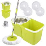 Mop and Buckets Sets with 4 Extra Microfibre Heads – 360° Rotating Spin Mop with Wringer System – Adjustable Stainless Steel Handle for Home, Office, Tiles, Wood, Laminate Floors
