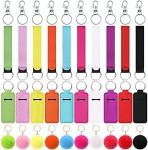 Junkin 40 Pcs Lipstick Holder Keychain Lip Holder Keychain Clip on Lipstick Pouch Fluffy Ball Keychain with Keyring, Colorful Style