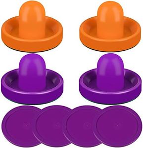 Air Hockey Pushers and Purple Air Hockey Pucks, Goal Handles Paddles Accessories for Game Tables (4 Striker, 4 Puck Pack) (Orange & Purple)