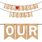 Wobbox Jute Style White Text & Red Heart "Our Story Begins" Pre Wedding Bunting Banner, Pre-Wedding Decoration Item