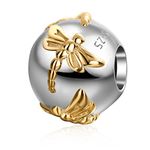 PAIYUAN Gold Plated Dragonfly Charms Authentic 925 Sterling Silver Insect Round Charm for European Bracelet, Sterling Silver