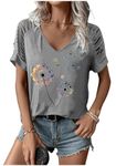 Womens Cut Out Cold Shoulder T Shirts Boho Floral Graphic Tshirts Nashville Country Lacerated Sleeve Cowgirls Tee Tops, Bear Paw Grey, Small