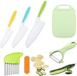 QINGHEC Plastic Kitchen Knife Set, 6 Pieces Knifes for Kids, 3 Colorful Kids Safety Knives, Paring Knife, Potato Slicer, Plastic Cutting Board for Lettuce Salads or Cakes (Green)