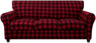 SearchI Stretch Sofa Cover Printed Couch Cover, Floral Pattern 4 Pieces Sofa Slipcover with 3 Separate Cushion Cover, Washable Furniture Protector for Living Room(Sofa, Red Black Plaid)