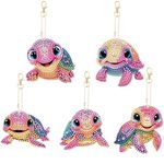 AUAUY 5 Pieces Diamond Painting Keychains, 5D DIY Turtle Diamond Art Painting Keychain Christmas Double Sided Hanging Diamond Art Kits Diamond Christmas Ornaments for Kids Crafts Decor Key Ring DIY