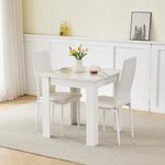 Kamorry Dining Table and 2 Chairs,3 Piece Dining Room Set, Wood Kitchen Table with High Gloss Top and 2 Upholstered Chairs for Small Spaces, Apartment (Marble White Table, Leather White Chair)