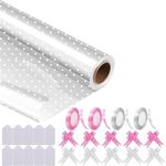 Spurly Clear White Dot Cellophane Wrap for Hampers 80cm x 30m Florist Cellophane Wrap Roll, Gift Wrappings for Flower Bouquet, Crafts, Easter Baskets - 10 Pull Bows, 4 Ribbons, and 10 Gift Tags