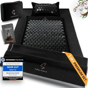 SOULANCE Akupressurmatte mit Kissen- 5-in-1 Premium Set [inkl. Yoga-Tuch] & Tragetasche,Kokosfaserfüllung – Massagematte, Shakti Matte, Akupunkturmatte gegen Nacken-und Rückenschmerzen