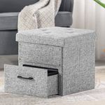 Otto & Ben Stockbox Ottoman with Storage Drawer, 15" Cube Collapsible Bench-Stool, Light Grey