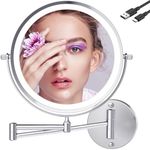 TUSHENGTU 9 Inch Large Lighted Makeup Mirror Wall Mounted 3000mAh, Chrome 1X/10X Magnifying Mirror Wall Mounted with Light for Bathroom, Shaving mirror Wall Mounted with (960C10X)