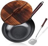Carbon Steel Wok, 12.5 Inch Stir Fry Pan Flat Bottom Pan, Iron Wok with lid, for Electric Stove, Induction Cooker and Gas Stove