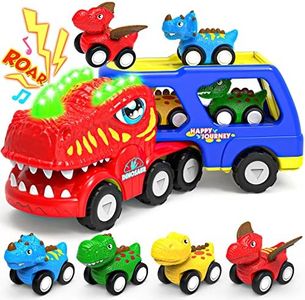 ENJSD Juguetes de Dinosaurio para niños y niñas de1 2 3 4 5 años, Juguetes de camión de Dinosaurio de 5 en 1, con rugidos e iluminación, Coches de Juguete de Dinosaurio impulsados por fricción