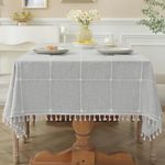 Laolitou Grey Plaid Tablecloth Rustic Burlap Linen Fabric,Washable Outdoor Table Covers with Tassel,Waterproof Table Cover for Kitchen Dining,Party,Holiday,Christmas,10-12 Seats