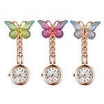 3 Pack Women Girl Butterfly Brooch Nurse Watch Pin-On with Secondhand Stethoscope Lapel Fob Pocket Badge Watches for Doctor Nurse Easy to Read