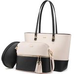 Handbags for Women Shoulder Bags Tote Satchel Hobo 3pcs Purse Set Beige-Black