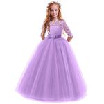 IWEMEK Flower Girls 3/4 Sleeve Floral Lace Tulle First Communion Pageant Dresses Kids Big Girls Princess Birthday Carnival Christmas Bridesmaid Wedding Party Prom Ball Gown Purple 13-14 Years