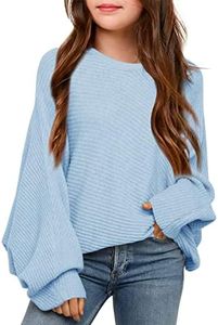 Mafulus Girl's Oversized Crewneck Fall Sweaters Kids Batwing Long Sleeve Slouchy Chunky Cute Pullover Jumper Shirts 5-14T Light Blue