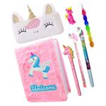 Taufa Villa Unicorn Stationery Set For Girls, A6 Size Unicorn Diary Notebook For Girls With Fur Pencil Box, Pencil Pouch, Unicorn Pen, Bullet Pencil, Designer Eraser(With Fur Diary),Multicolor