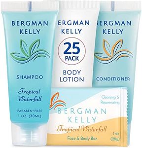 BERGMAN KELLY Hotel Toiletries Bundle (Tropical Waterfall, 1 oz each, 100 Pcs) 4-Piece Set: 25 Rectangular Bar Soap, 25 Shampoo, 25 Conditioner & 25 Body Lotion - Bulk Mini Guest Amenities Supply