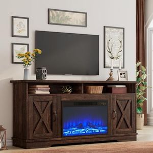 AMERLIFE 63" Farmhouse TV Stand with 26" Fireplace, for TVs up to 73", Media Entertainment Center with Adjustable Shelf & Barn Doors, Rustic TV Console Cabinet for Living Room, Reclaimed Barnwood