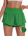 PINSPARK Athletic Shorts for Women with Pockets 2 in 1 Running Shorts with Liner Pockets High Waisted Gym Workout Green XXL