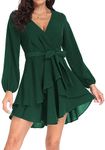 PCEAIIH Women's Cocktail Dresses Short/Long Sleeve Empire Skater Dress Deep V-Neck Waist Tie Ruffle Mini Swing Dresses L Dark Green