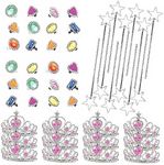 Neliblu Princess Costumes and Accessories for Girls - 12 Tiaras, 12 Star Wands, 24 Rhinestone Rings - Pretend Dress Up Jewellery Set for Fairy-Themed Birthday - Party Bag Fillers for Kids Ages 3