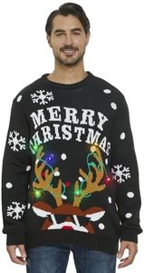 YIJIU Men's LED Light Up Ugly Christmas Sweater Funny Knit Reindeer Holiday Jumper Built-in Light Bulbs Novelty Pullover for Party,Black Deer,S