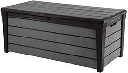 Keter Brushwood 120 Gallon Resin Large Deck Box for Patio Garden Furniture, Outdoor Cushion Storage, Pool Accessories, and Toys, Brown