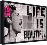 Wieco Art Framed Art Giclee Canvas Prints of Banksy Life is Beautiful Abstract Artwork for Wall Decor