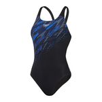 Speedo Women's Hyperboom Placement Muscleback Swimsuit | Quick Drying | Training | Fitness | Chlorine Resistant, Black/True Cobalt/Curious Blue, 36