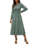 Zattcas Women Long Sleeve Smocked Bodice and Cuffs Boho Tiered Floral Midi Dress, Green, X-Large