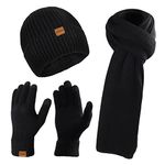 AISHNA Winter Beanie Hat Scarf and Touch Screen Gloves Set Knitted Hats Thermal Gloves Long Scarf for Men Women Neck Warmer 3 PCS Skull Cap Thick Fleece Lined Unisex (Black)