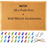 Cork Notice Pin Board Bulletin Vision Boards for Home Bedroom Offices Memo Message Pictures Planner Display Organiser Wood Frame Corkboard - Wall Mount Screws and 50 Push Pins - 400 x 300 mm