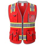 JKSafety 10 Pockets Hi-Vis Zipper Front Fluorescent Red Safety Vest | Cushioned Collar | High Reflective Tapes with Extended Neon Yellow Strips | Meets ANSI/ISEA Standards (Large, 89-Red)