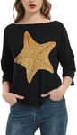 PESION Women's Sparkly Sequin Heart Love Shirts 3/4 Sleeve Loose Tunic Tops Boat Neck Love T-Shirt Tees, Black+ Gold Star, XX-Large