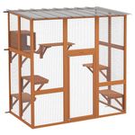 PawHut Catio Outdoor Cat Enclosure Wooden Cat House Window Box with Weatherproof Roof, Bridge, Resting Box, Platforms, for 2 Kittens, Orange