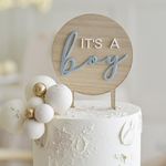 Ginger Ray Wooden Blue 'It's a Boy Topper Baby Shower Cake Decoration, 17.8cm x 12cm