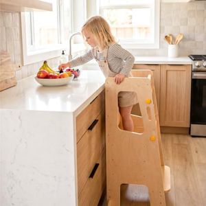 PlayPals Toddler Tower, Learning Tower Adjustable Height Kids Step Stool, Non-Slip Strips and Back Safety Bars, Stable Kitchen Stool Helper, Wooden Kids Standing Tower - Natural