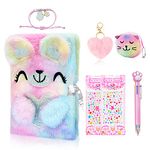 homicozy Bear Diary for Girls with lock and keys, Kids Journal School Travel Notebook Gift Set for Writing and Drawing,Plush Secret Diary with Multicolored Pen Stickers Purse Keychain