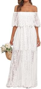 Holipick Women's Off Shoulder Lace Maxi Dress Boho Wedding Guest Bridesmaid Beach Formal Long Dress, White, XX-Large