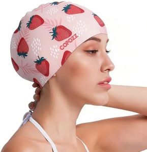 COPOZZ Women‘s Swim Cap for All Hair - Large, Comfortable Silicone Swimming Cap, Waterproof Design for Long, Short, Thick & Curly Hair | Secure & Comfortable Fit (Strawberry-12yrs+)