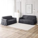 HOKIPO Elastic Stretchable 3 Seater & 2 Seater Turkish Bubble Frill Sofa Cover, Anchor Grey (AR-5256-AGRY + AR-5257-AGRY)