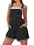 MEROKEETY Women's Denim Shortalls Adjustable Straps Bib Overalls Shorts Cuffed Jean Romper with Pockets, Black, Large