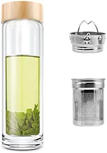 COMI Tea Glass Bottle Double Wall Glass Borosilicate with Infuser Bottle for Green Tea Coffee Fruit Flower Tea Double Mesh Filter 400ml/14oz, Bamboo