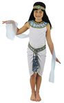 GIRLS EGYPTIAN QUEEN CLEOPATRA FANCY DRESS COSTUME. CHILDS CLEOPATRA QUEEN OF THE NILE EGYPT PHARAOH WHITE DRESS + SNAKE PRINT FABRIC COLLAR + MATCHING BELT & HEAD BAND + BLUE SASHES. SIZE: LARGE