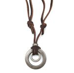 jonline24h Mens Womens Double Ring Pendant Adjustable Leather Cord Necklace Chain, Brown Silver