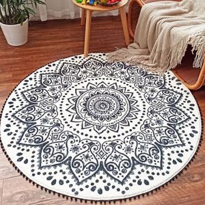 QZTHOU 4ft Round Area Rug, Soft Non-Slip Bohemian Washable Rug, Indoor Sofa Faux Cashmere Floor Area Mat Carpet for Living Room Sofa Bedroom Nursery Decor
